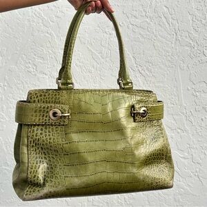 LARGE Ann Taylor GREEN GENUINE LEATHER CROCO PRINT TOTE SHOULDER BAG HANDBAG